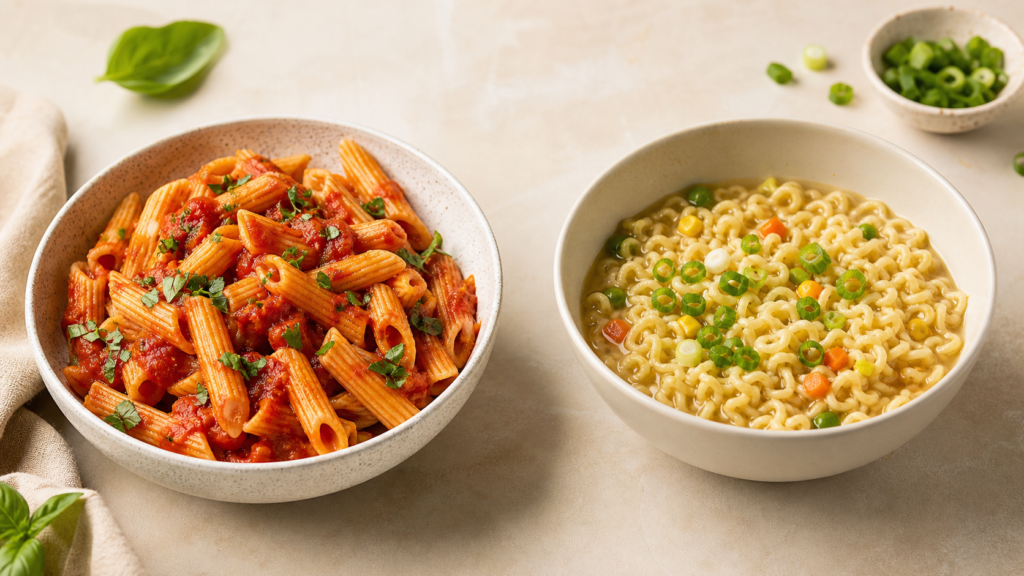 No-cook pasta with tomato sauce compared with instant noodles